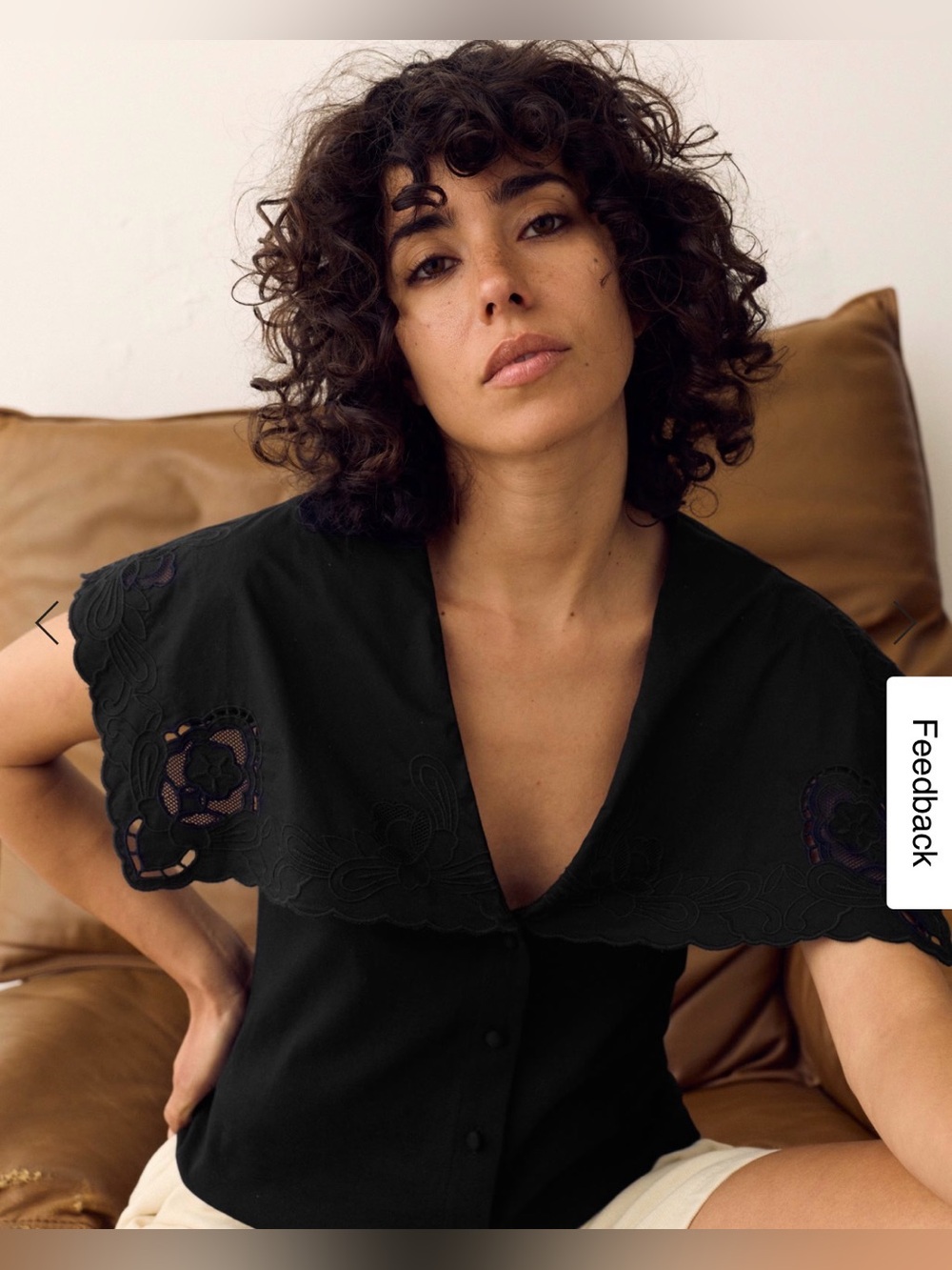 M&S Per Una Pure Cotton Embroidered V-Neck Top black cotton US 4 / UK 8 Worn Onc